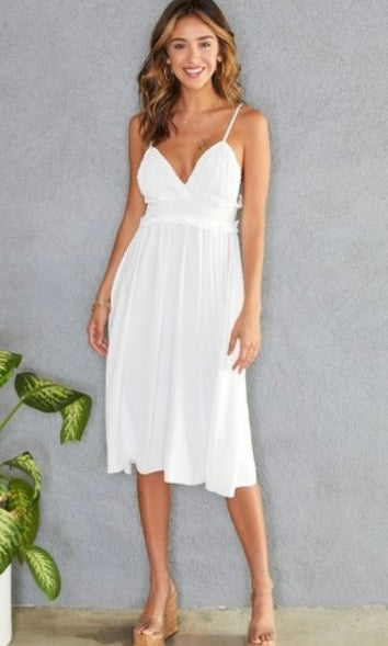 knee length dresses for ladies White Adjustable Spaghetti Strap Midi Flowy Dress – shopardenboutique