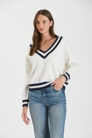 Ivory Varsity V Neck Sweater