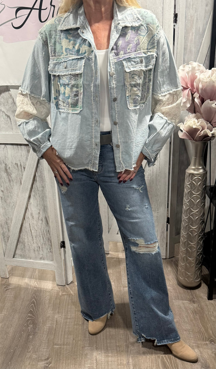 Denim Multi Printed Woven Mix Raw Edge Detail Top