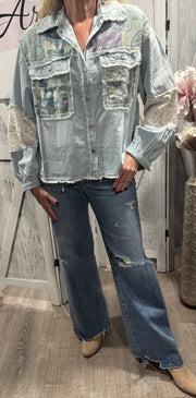 Denim Multi Printed Woven Mix Raw Edge Detail Top
