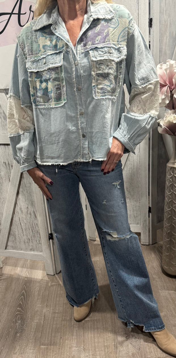 Denim Multi Printed Woven Mix Raw Edge Detail Top