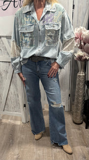 Denim Multi Printed Woven Mix Raw Edge Detail Top