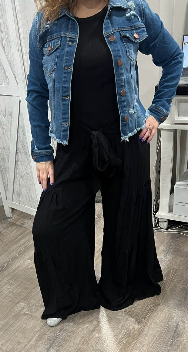 Black Tie Waist Tiered Wide Leg Pant