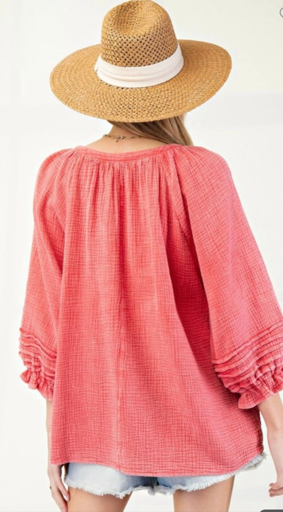 Coral Mineral Washed Cotton Gauze Top