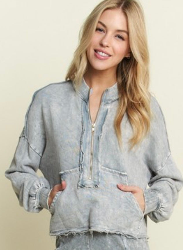 Silver Grey Mineral Wash Raw Hem Detail Half Zip Pocket Top With Matching Wide Leg Pants