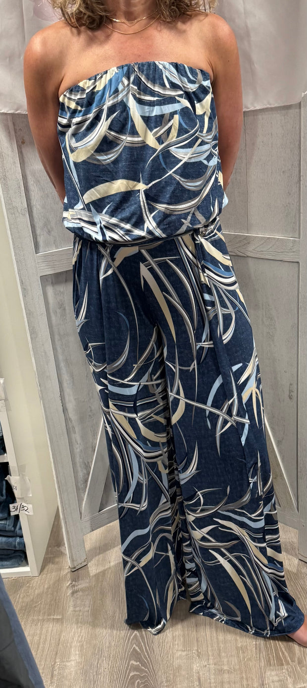 Denim Print Tube Wide Leg Jumpsuit With Belt