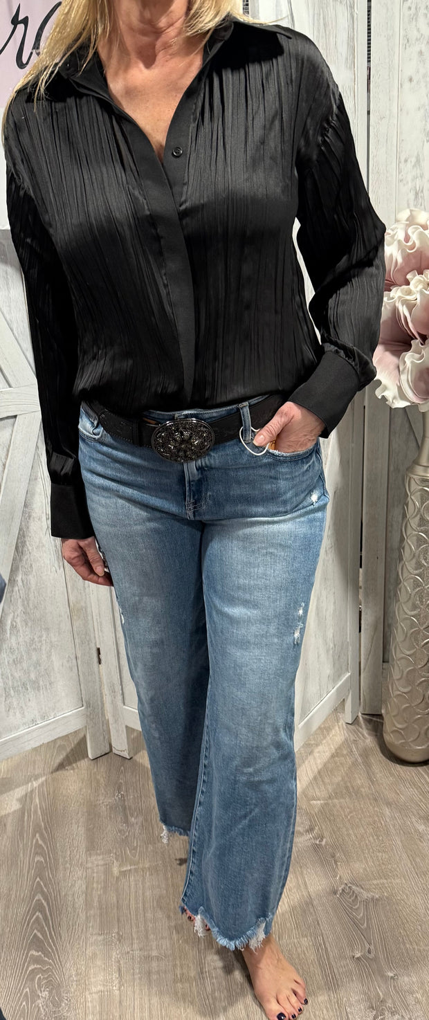 Black Flowy Satin Button Down Top