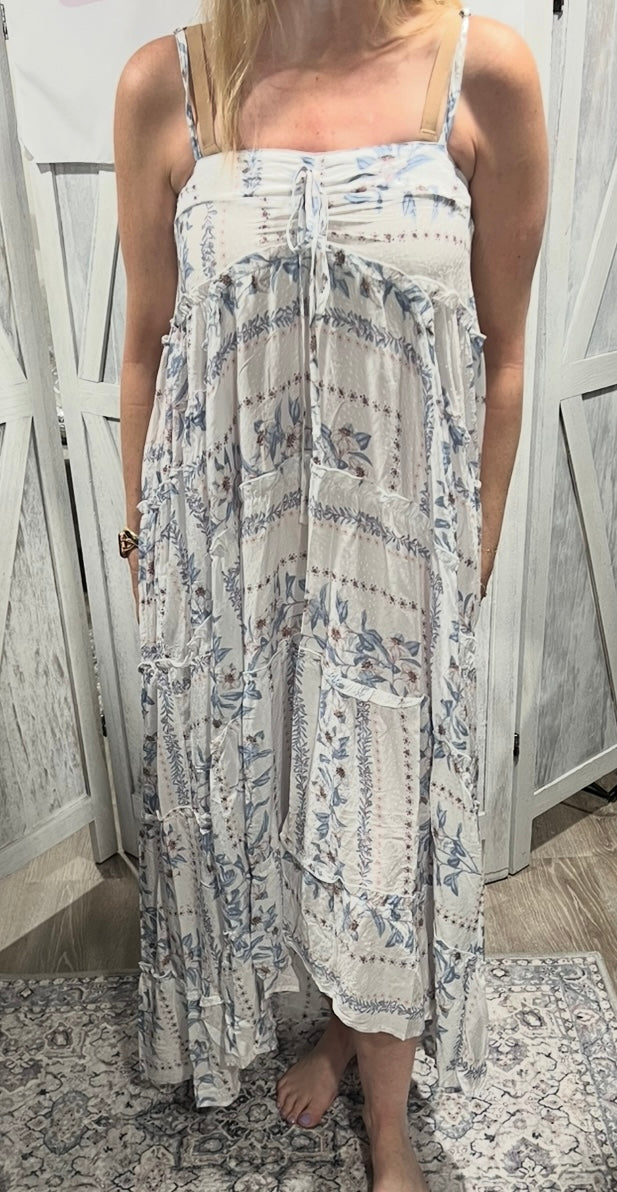 Cream/Dusty Blue Floral Spaghetti Strap Tiered Ruffle Maxi Dres