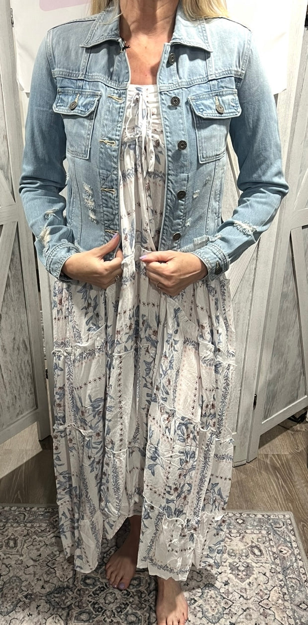 Cream/Dusty Blue Spaghetti Strap Tiered Ruffle Maxi Dres