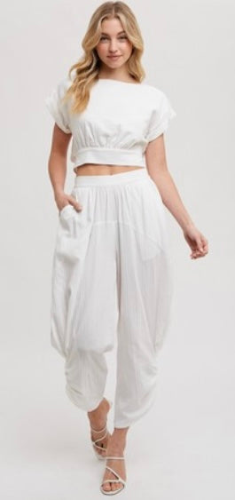 White Cropped Ribbon Tie-Back Top With Matching Harem Pants