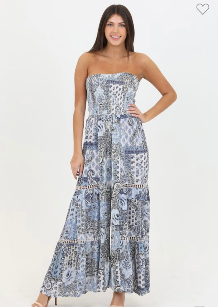 White/Blue Print Smocked Tube Top Jumpsuit