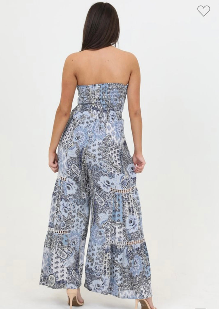 White/Blue Print Smocked Tube Top Jumpsuit