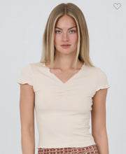 Natural Rib Knit Lettuce Edge V Neck Top
