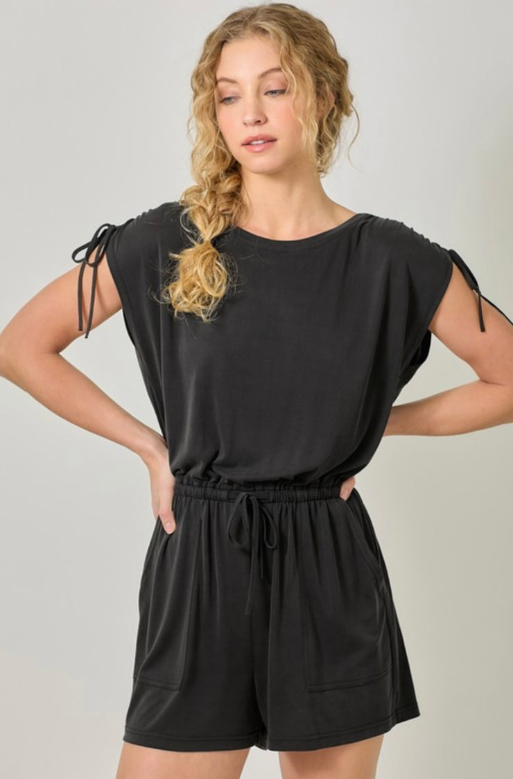 Washed Black Cinched Shoulder Romper