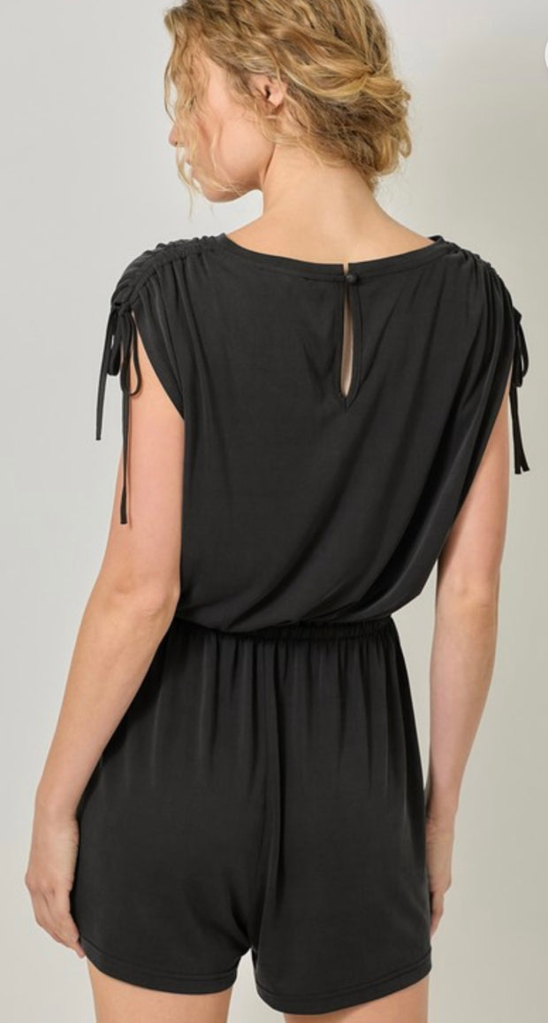 Washed Black Cinched Shoulder Romper