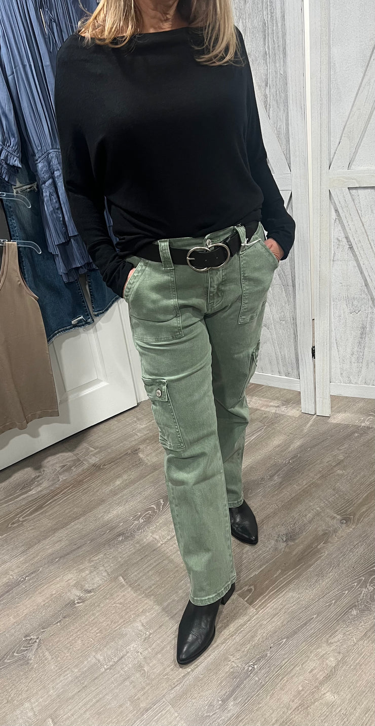 Army Green Straight Leg Jeans With Cargo Pocket Detail
