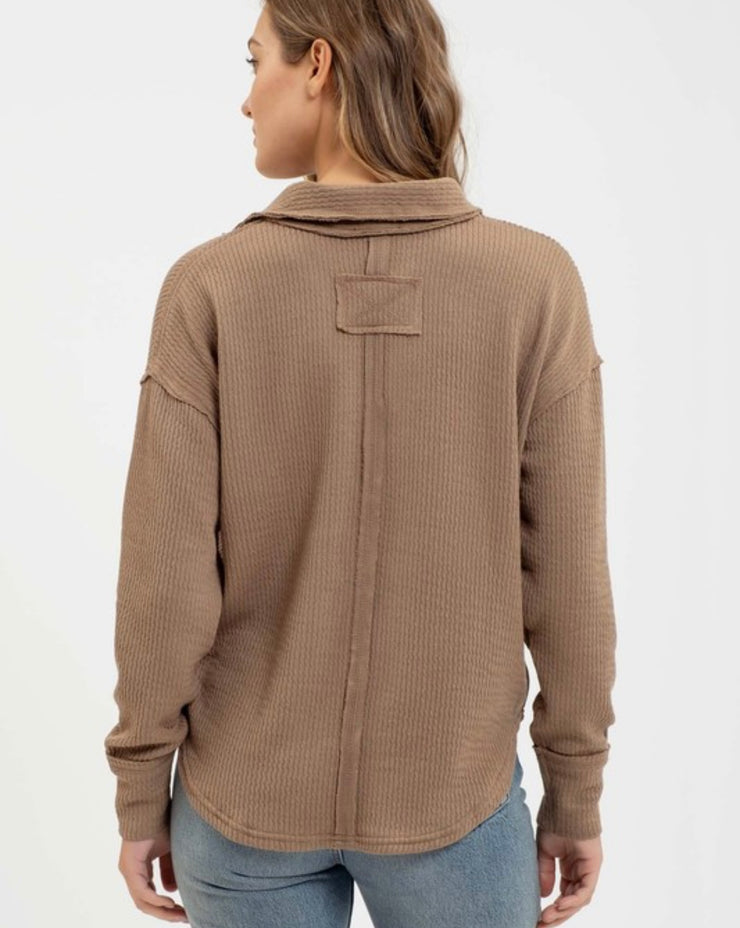 Taupe Split Neck Exposed Seam Knit Top