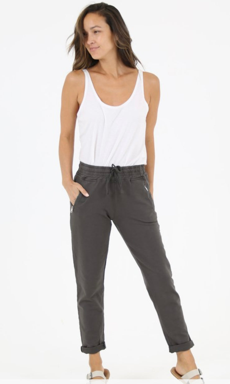 Slate Pull On Tie Front Zipper Pocket Jogger Pant