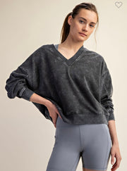 Black French Terry V Neck Top