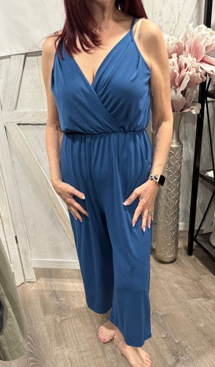 Blue Cropped Jumpsuit With Surplice & Self Tie