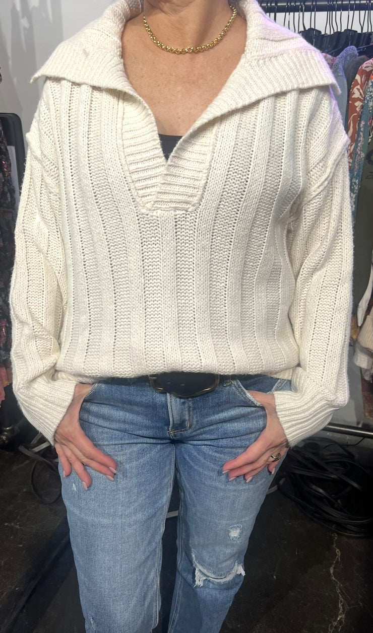 Cream Rib Knit V Neck Collar Pullover