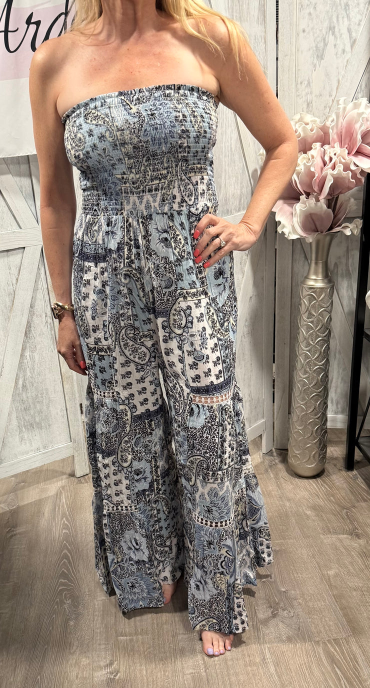 White/Blue Print Smocked Tube Top Jumpsuit