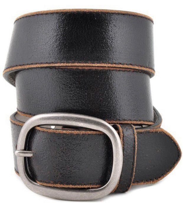 Black Vintage Crack Print Stitching Edged Retro Leather Belt With Oval Buckle
