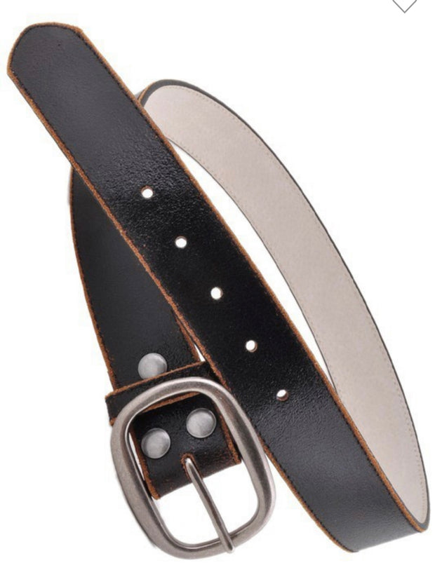 Black Vintage Crack Print Stitching Edged Retro Leather Belt With Oval Buckle