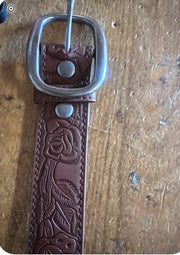 Brown Embossed Leather Belt- Brass or Silver Buckle