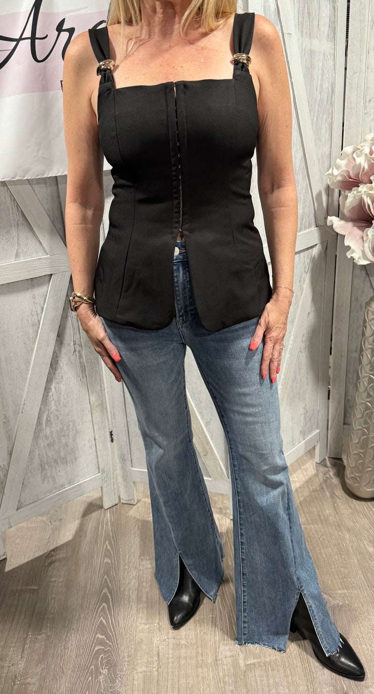Black Metal Trim Detail Corset Structured Top