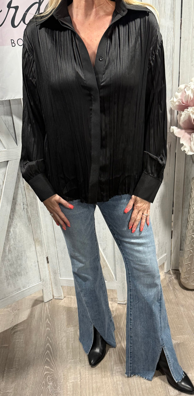 Black Flowy Satin Button Down Top