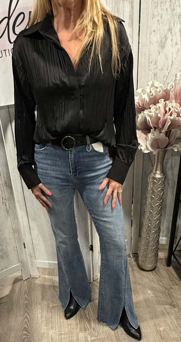 Black Flowy Satin Button Down Top