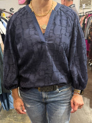 Navy Split V Neck Textured Jacquard 3/4 Blouse