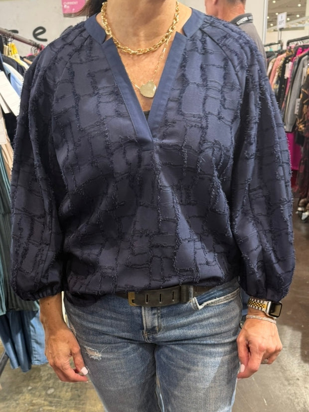 Navy Split V Neck Textured Jacquard 3/4 Blouse