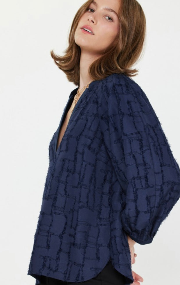 Navy Split V Neck Textured Jacquard 3/4 Blouse