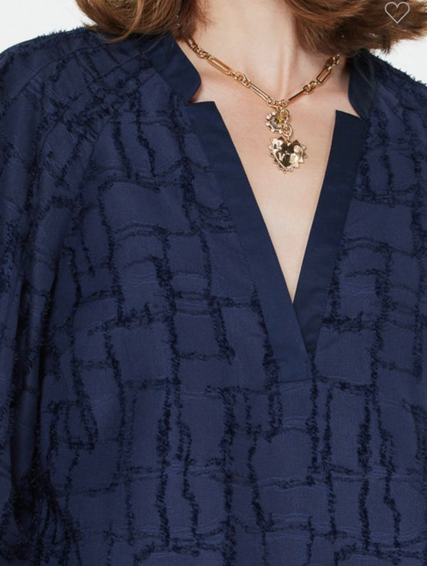 Navy Split V Neck Textured Jacquard 3/4 Blouse