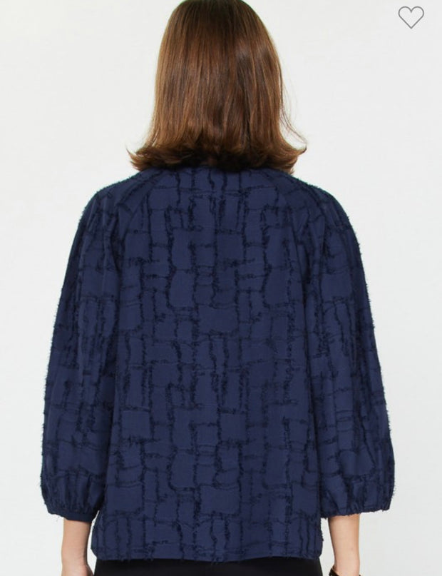 Navy Split V Neck Textured Jacquard 3/4 Blouse