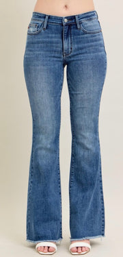 Judy Blue Mid Rise Vintage Wash Flare With Destroy and Fray Hem Jeans