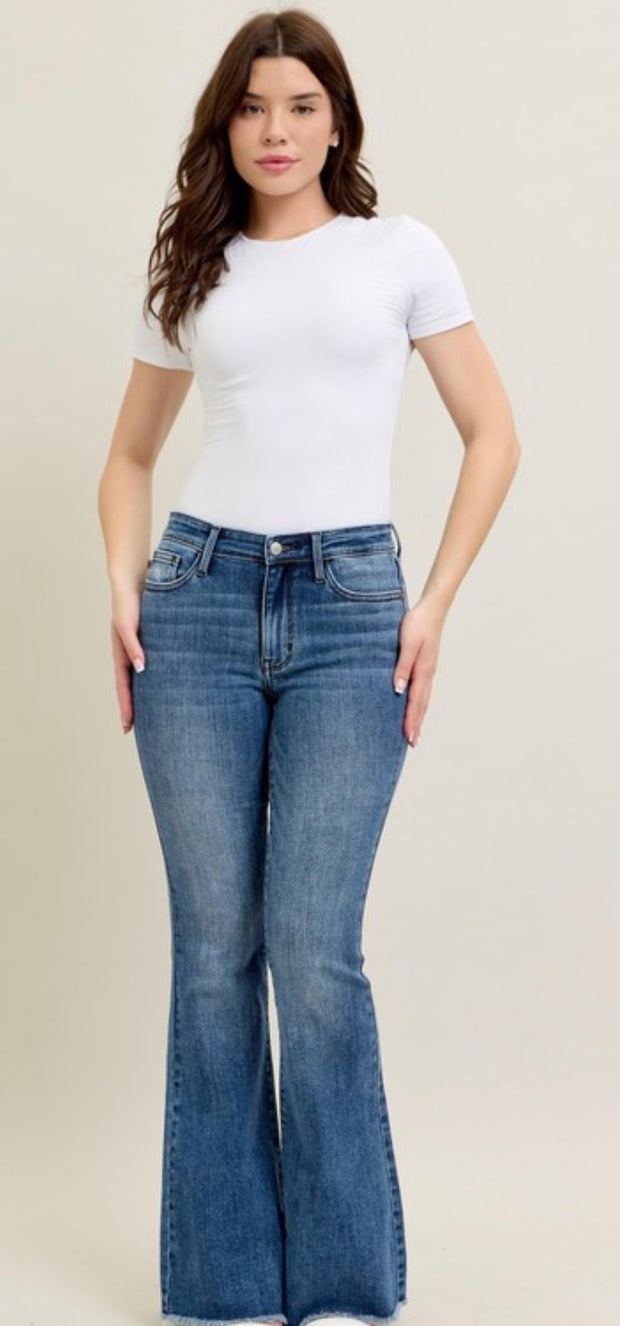 Judy Blue Mid Rise Vintage Wash Flare With Destroy and Fray Hem Jeans