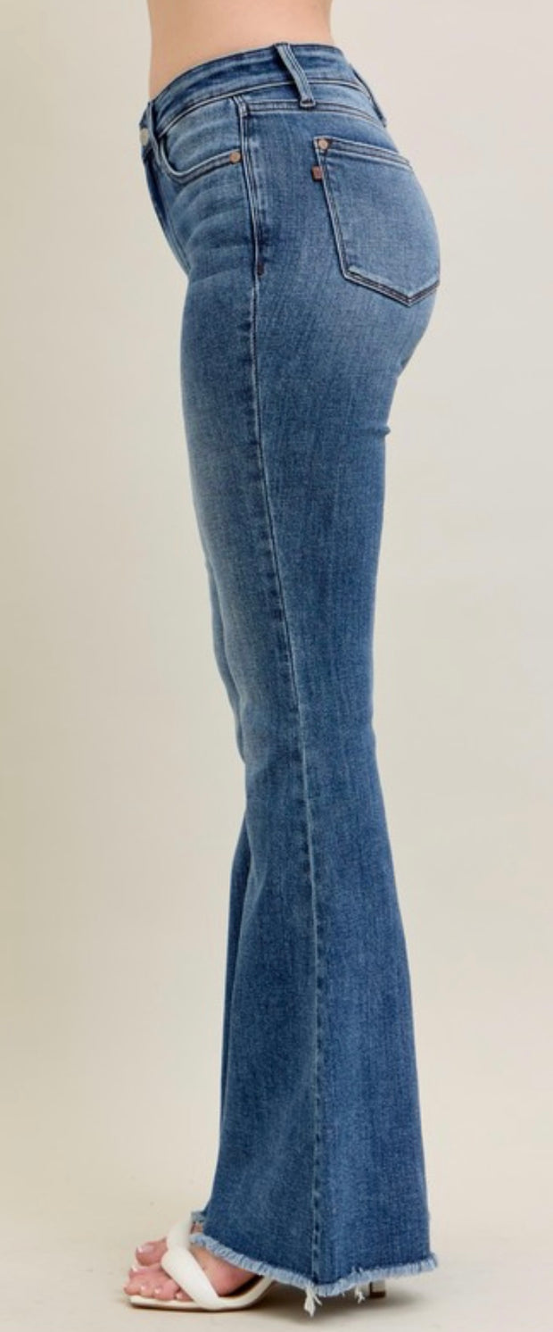 Mid Rise Crop Wide Leg Front Slit Jeans- Dark Wash