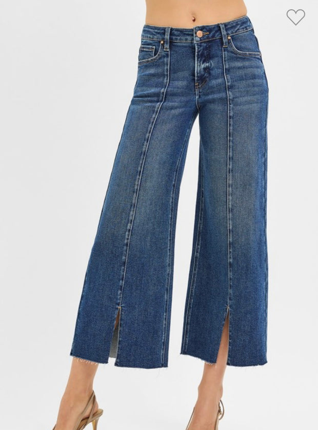 Mid Rise Crop Wide Leg Front Slit Jeans- Dark Wash