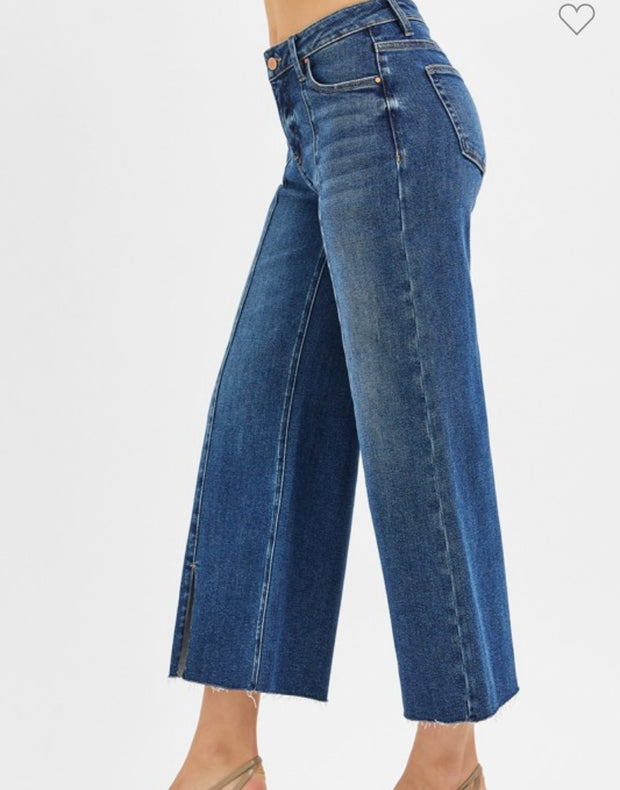 Mid Rise Crop Wide Leg Front Slit Jeans- Dark Wash