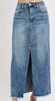 Medium Wash Long Denim Skirt With Slit