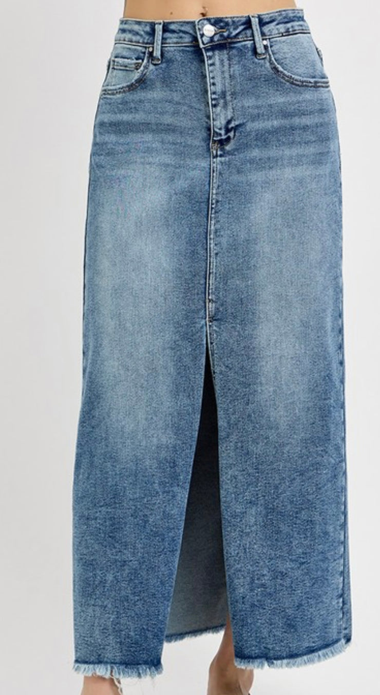 Medium Wash Long Denim Skirt With Slit