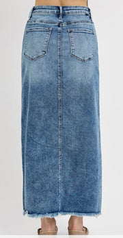 Medium Wash Long Denim Skirt With Slit