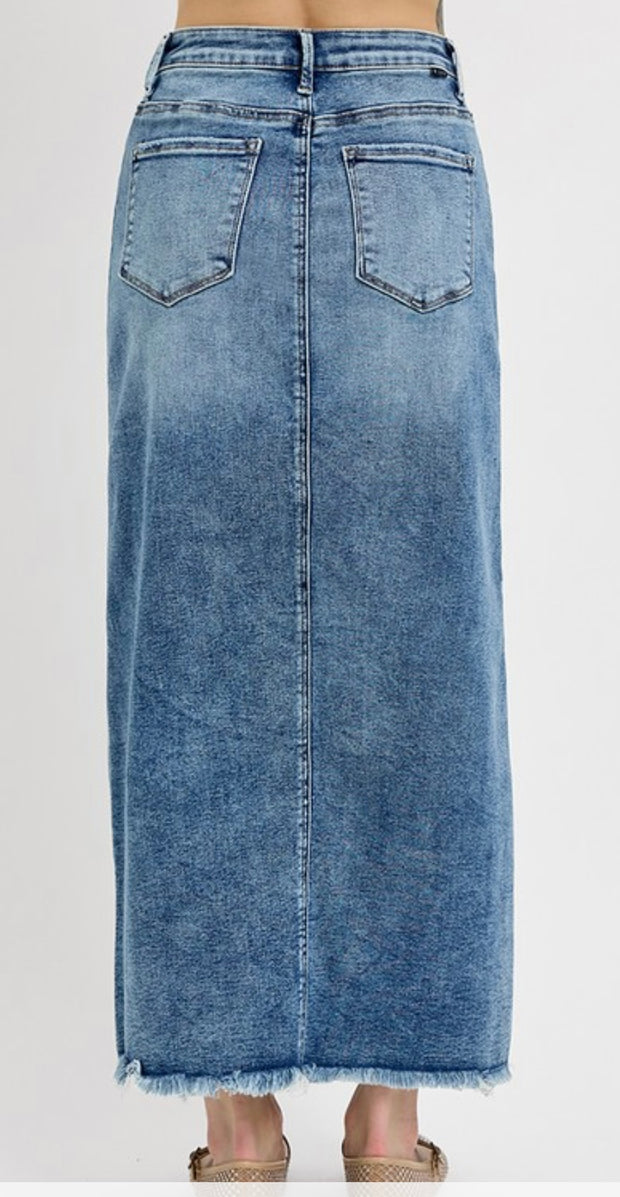 Medium Wash Long Denim Skirt With Slit