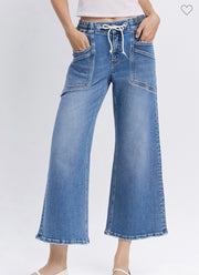 Medium Wash Drawstring Waistband Wide Leg Jeans