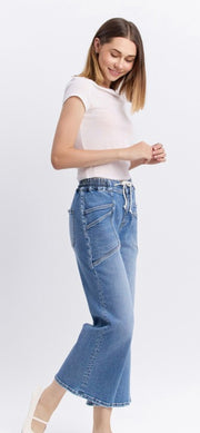 Medium Wash Drawstring Waistband Wide Leg Jeans