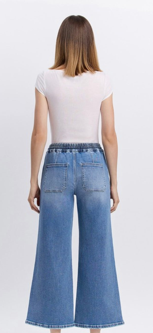 Medium Wash Drawstring Waistband Wide Leg Jeans