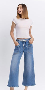Medium Wash Drawstring Waistband Wide Leg Jeans